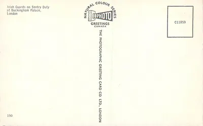 Irlandzcy strażnicy na służbie — Pałac Buckingham, Londyn — seria Natural Colour, Copphoto Greetings Canada, C11859 — Rewers