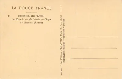 Gory Tarn — Détroits widziane z wejścia do Cirque des Beaumes (Lozère) — Éditions d'Art YVON, Paryż — Rewers