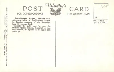 Pałac Buckingham w Londynie — widok z Parku St. James's — wydawca Valentine's Postcard & Sons, nr H 9146 — Rewers