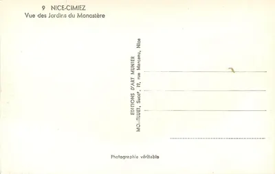Nice-Cimiez — Vista dos Jardins do Mosteiro — Éditions d'Art Munier — Verso