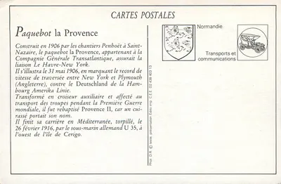A Provence — Transatlântico Paquebot — Coleção AD — Verso