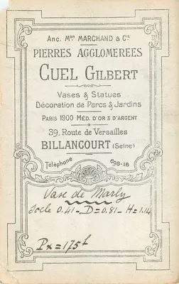 Vaso esculpido em mármore — detalhes mitológicos — Anc. M°n Marchand & Cie, Pierre Agglomérées Cuel Gilbert — Verso