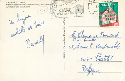 Saas-Fee (1800 m) — Straßenterminus mit Fee-Gletscher, Allalinhorn, Alphubel und Täschhorn — editor Farbenphoto Furter, n° 106-819 — Verso