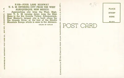 U.S. 66 entrando em Albuquerque, Novo México — editor Southwest Post Card Co. — Verso