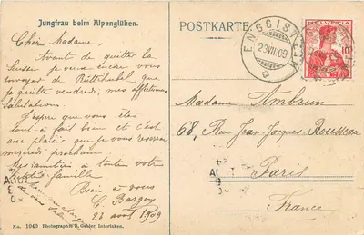 Jungfrau przy zachodzie słońca — Fotografia R. Gabler, Interlaken, nr 1040 — Rewers