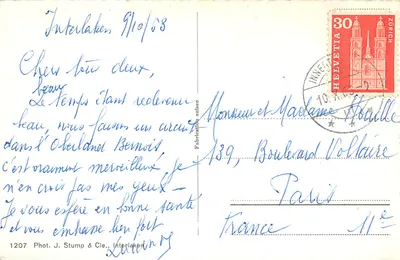 Interlaken. Jungfrau 4167 m — Widok panoramiczny — Fot. J. Stump & Cie, Interlaken, n°1207 — Rewers