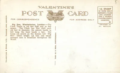 Big Ben, Westminster, Londyn — pocztówka z wanny Valentine, n° G5795 — Rewers