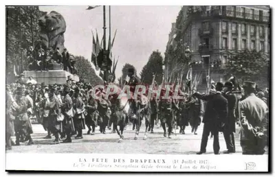 Paris 14 REPRODUCTION The Lion of Belfort - The Flag Festival - July 14, 1917 - Vintage Postcard