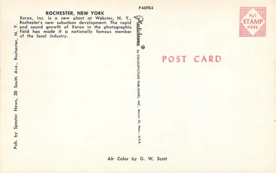 Planta de Xerox em Webster — Rochester, Nova York — editada por Colourpicture Publishers, Inc. — Verso