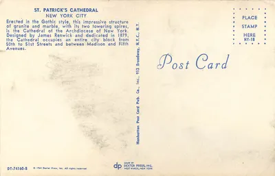 Catedral de São Patrício — Nova Iorque — Manhattan Post Card, Inc. — Verso