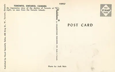 Toronto, Ontario, Kanada — widok nocy z wysp Toronto — wydawca Colourpicture Publishers, Inc. — Rewers