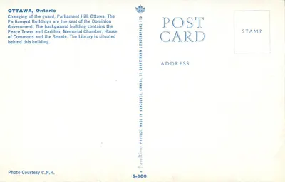 Mudança da guarda — Colina do Parlamento, Ottawa — Grant-Mann Lithographers Ltd. — Verso