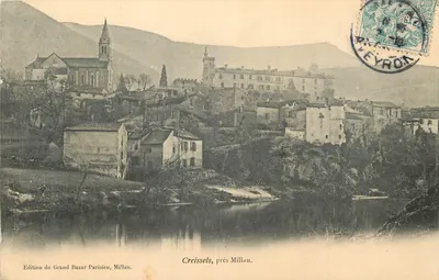 Creissels, perto de Millau — vista do vilarejo e da igreja — Edição do Grand Bazar Parisien, Millau