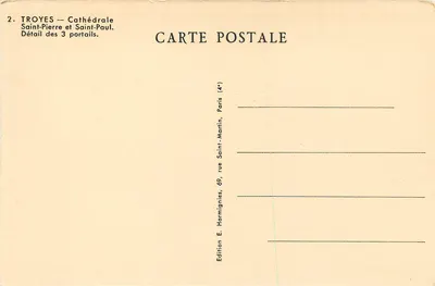 Troyes — Katedra św. Piotra i Pawła — Szczegóły trzech portalów — Wydawnictwo E. Harmignies, Paryż — Rewers