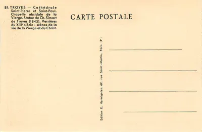 Troyes — Katedra św. Piotra i Pawła — Absydowa kaplica Matki Bożej. Statua Ch. Simart (1845). Witraże XIII wieku: sceny z życia Matki Bożej i Chrystusa. — Rewers