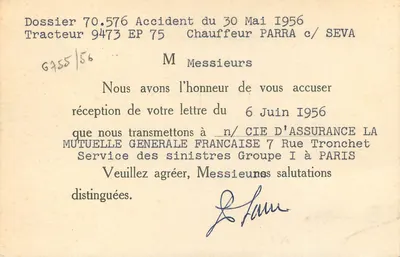 Acidente de trator — S.E.T.I.P. para Senhores B. de la Tousche e Cie — Paris 1956 — Verso
