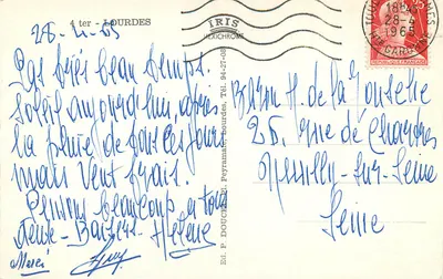 A Gruta de Lourdes — Visão panorâmica, estátuas da Virgem, procissão e gruta — Ed. P. DOUCHE, 4 ter - LOURDES — Verso