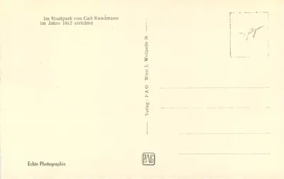 Viena I, Monumento a Schubert — estátua de Franz Schubert — editor PAG, n° 38708 — Verso