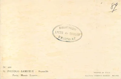 Criança em oração — obra de Reynolds — editor Eliotipia Roberto Hoesch, Milano — Verso