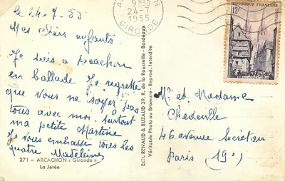 Arcachon — Plaża i nabrzeże — Wydawca RENAUD & BUZAUD, La Jetée — Rewers