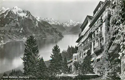 Hotel Bellavue, Seelisberg — vista do lago e das montanhas nevadas — Postkartenverlag Engelberger Stans n°3470