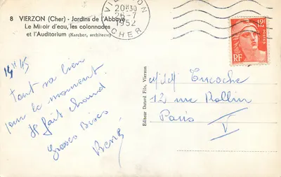 Vierzon (Cher) — Jardins da Abadia, O Espelho d'Água, as colunatas e o Auditório — Editor Dutard Fils, Vierzon — Verso