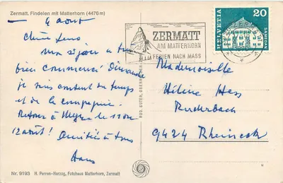 Matterhorn — Zermatt, Suíça — H. Perren-Herzog, Zermatt, n° 9193 — Verso
