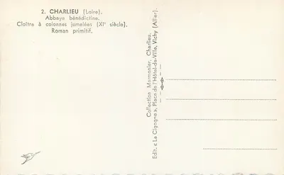Charlieu (Loire) — Abadia beneditina, claustro com colunas emparelhadas (século XI) — Ed. La Cigogne, Vichy — Verso
