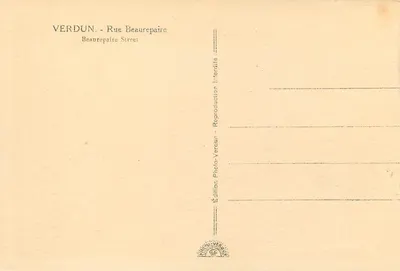 Verdun - Rue Beaurepaire — vista da rua com confeitaria e vestuário — Edição Photo-Verraun — Verso