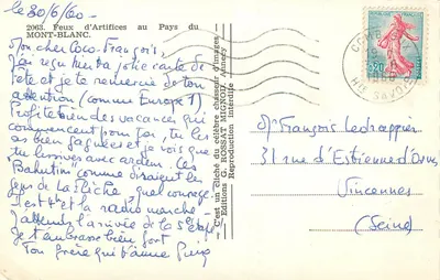 Mont-Blanc — widok panoramiczny z wsi i kościołem — Wydawnictwo G. ROSSAT MIGNOD, n°2063 — Rewers