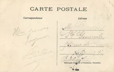 Panorama Versailles — widok z lotu ptaka na zamek i ogrody — Héliotypie Bouddier et Faucheux, Versailles — Rewers