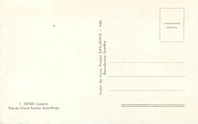 Mende (Lozère) — Vista do Grande Rocher Saint-Privat — Sociedade das Cartas Postais APA-POUX — Verso