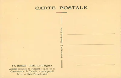 Reims — Rzymskie arkady starej świątyni Templu i mały boczny portal świętego Piotra Starego — Fototypia J. Bienaime, Reims — Rewers