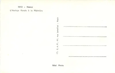 Nancy — Relógio floral na Pépinière — C.A.P. Paris — Verso