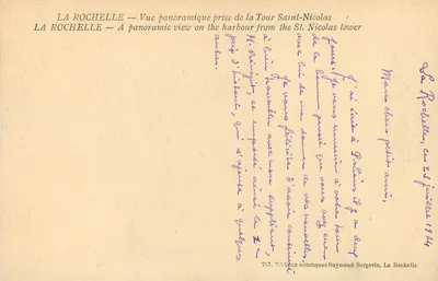La Rochelle — Vista panorâmica tirada da Torre Saint-Nicolas — Edições Artísticas Raymond Bergevin, n°757 — Verso