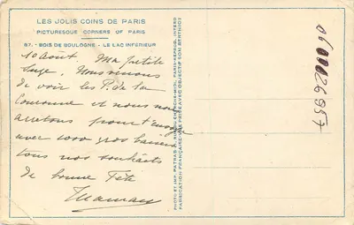 Bois de Boulogne — Lago Inferior — Patras — Verso