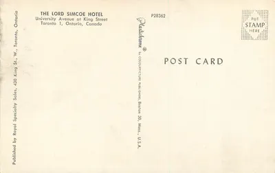 Hotel Lord Simcoe — Toronto, Ontario — wydawca Paolichrome, nr P28362 — Rewers