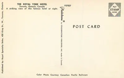 Hotel Royal York — widok nocny — Wydano przez Colourpicture Publishers, Inc. n° P57837 — Rewers