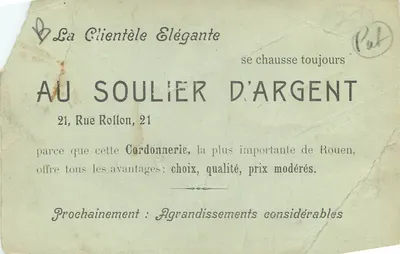 Rouen — A Cour do Hotel de Bourgtheroulde — Edição Especial, 'AU SOULIER D'ARGENT', Calçados, 21, rue Rollon, Rouen — Verso