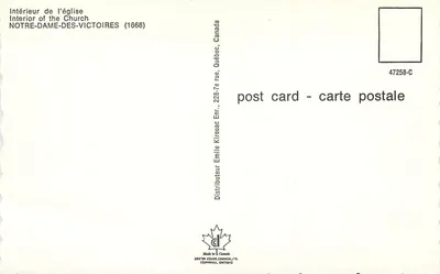 Wnętrze kościoła Najświętszej Panny Maryi Zwyciężczyni — Quebec, Kanada — wydawca Dexter Color Ltd. — Rewers