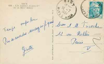 Nice - Jardins Albert-Ier e o Monte Boron — Ed. d'Art Succi, Nice — Verso