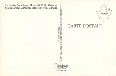 Ogród Botaniczny, Montreal — widok panoramiczny alej i basenu centralnego — Les Messageries de Presse Benjamin, n° P304507 — Rewers