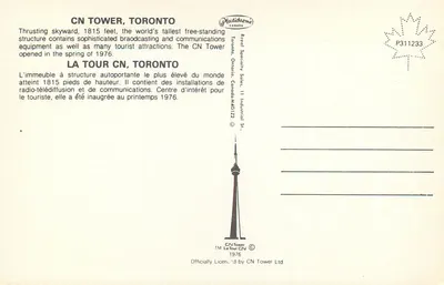 CN Tower, Toronto — widok panoramiczny — Plastichrome Canada, n° P311233 — Rewers