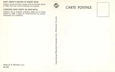 Wnętrze oratoriump Świętego Józefa na Mont-Royal — pierwotna kaplica założona w 1904 — wydawca Ronalds-Federated Ltd., Montreal, Kanada — Rewers