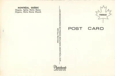 Órgãos, Igreja Nossa Senhora — Montreal, Quebec — Les Messageries de Presse Benjamin — Verso