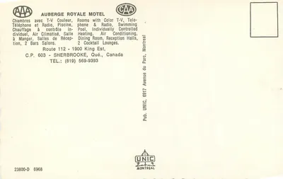 Motelowy Hotel Królewski — Sherbrooke, Quebec — wydawca UNIC, n° 23800-D 6968 — Rewers