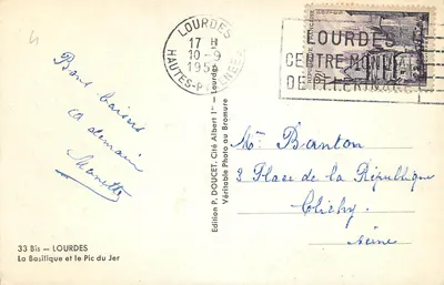 Lourdes — Bazylika i Pic du Jer — Wydawnictwo P. Doucet, Cité Albert Ier, Lourdes — Rewers