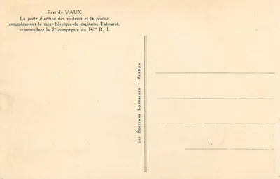 Fort de Vaux — Wejście dla odwiedzających i tablica upamiętnieniowa — Wydawnictwo Lorrain - Verdun — Rewers