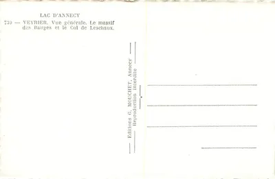 Jezioro Annecy — Widok ogólny. Masiv Bauges i przełęcz Leschaux — Wydawnictwo G. Mouchet, Annecy, nr 739 — Rewers