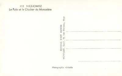Nice-Cimiez — O Poço e a Torre da Igreja do Mosteiro — Éditions d'Art Munier, Nice — Verso
